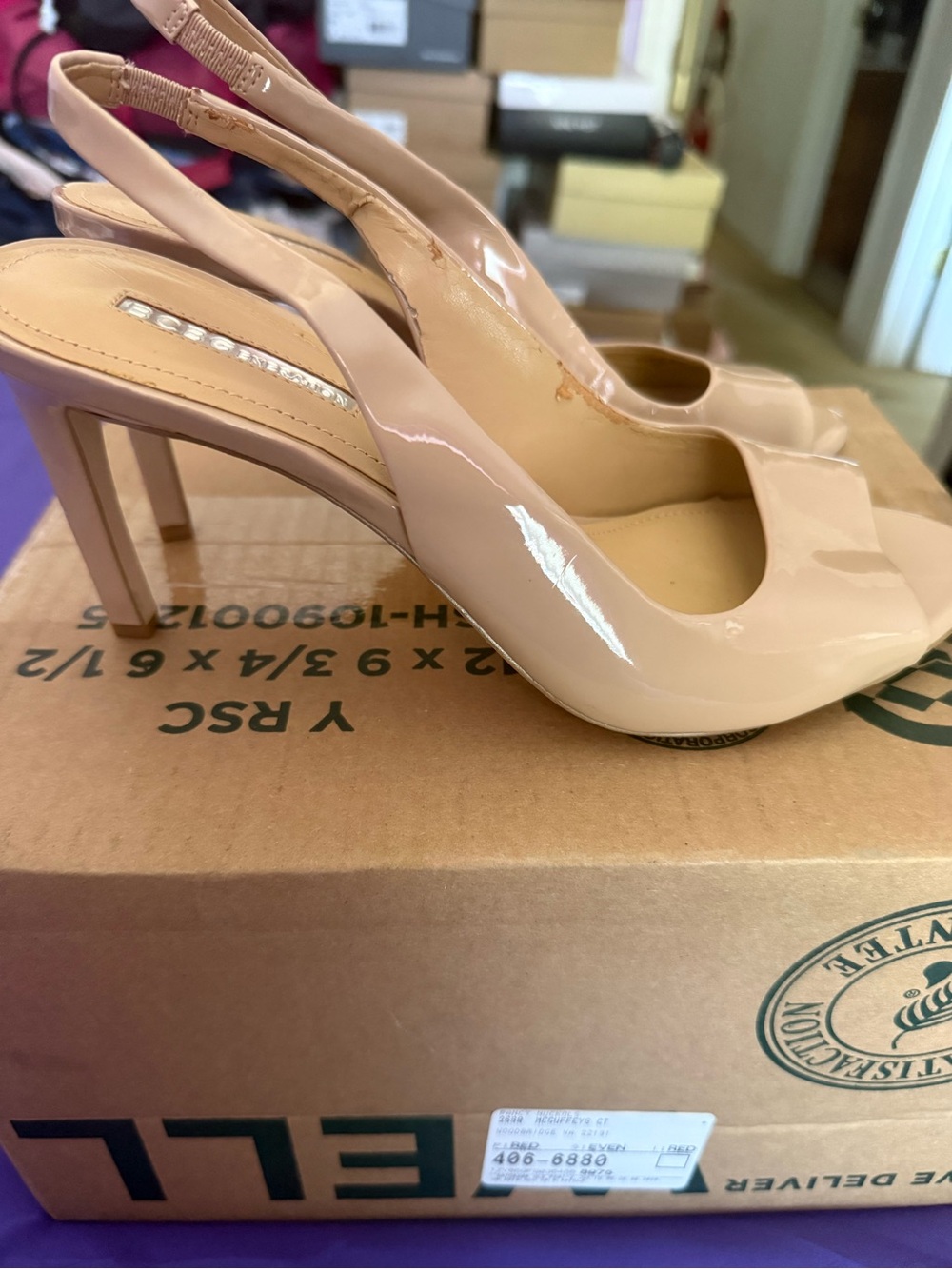 BCBG Nude Patent Slingback Peep-Toe Heels